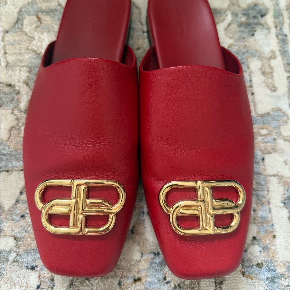Balenciaga Red BB Cosy Leather Mule Flats Size 8.5 9